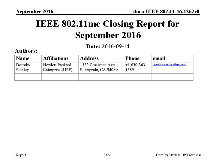 September 2016 doc. : IEEE 802. 11 -16/1262 r 0 IEEE 802. 11 mc