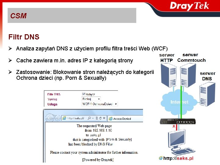 CSM Filtr DNS Ø Analiza zapytań DNS z użyciem profilu filtra treści Web (WCF)