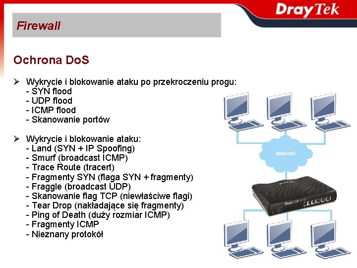 Firewall Ochrona Do. S Ø Wykrycie i blokowanie ataku po przekroczeniu progu: - SYN