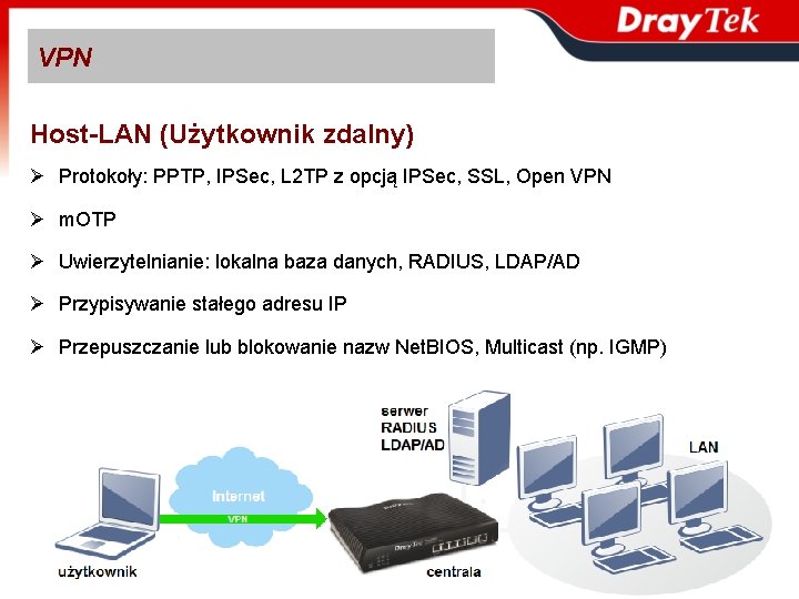 VPN Host-LAN (Użytkownik zdalny) Ø Protokoły: PPTP, IPSec, L 2 TP z opcją IPSec,