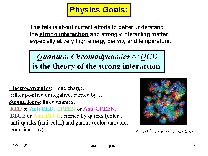 Physics Goals: This talk is about current efforts to better understand the strong interaction