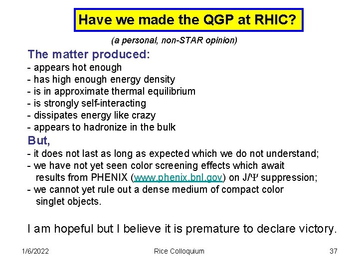 Have we made the QGP at RHIC? (a personal, non-STAR opinion) The matter produced: