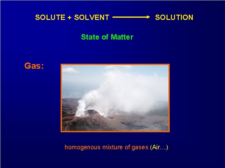 SOLUTE + SOLVENT SOLUTION State of Matter Gas: homogenous mixture of gases (Air…) 