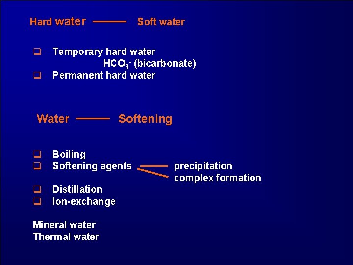 Hard water q q Soft water Temporary hard water HCO 3 - (bicarbonate) Permanent