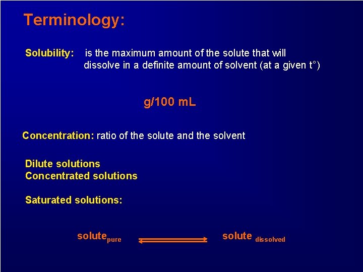 Terminology: Solubility: is the maximum amount of the solute that will dissolve in a