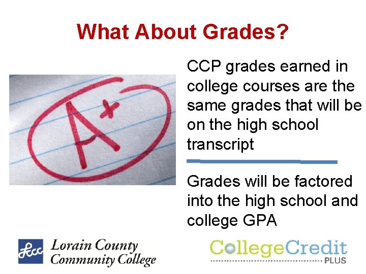 What About Grades? CCP grades earned in college courses are the same grades that What About Grades? CCP grades earned in college courses are the same grades that