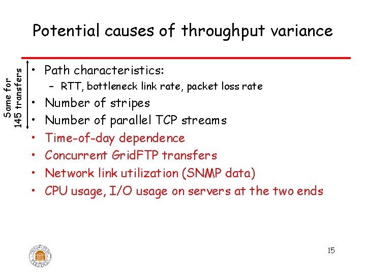 Same for 145 transfers Potential causes of throughput variance • Path characteristics: – RTT,