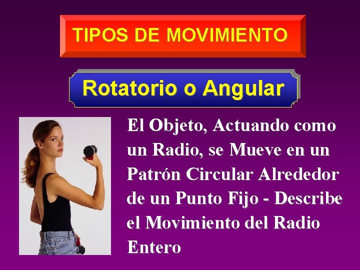 TIPOS DE MOVIMIENTO Rotatorio o Angular El Objeto, Actuando como un Radio, se Mueve TIPOS DE MOVIMIENTO Rotatorio o Angular El Objeto, Actuando como un Radio, se Mueve