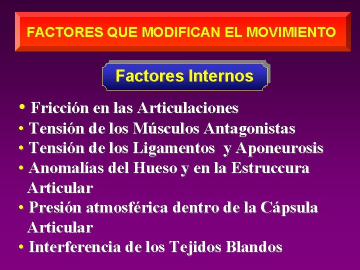 FACTORES QUE MODIFICAN EL MOVIMIENTO Factores Internos • Fricción en las Articulaciones • Tensión