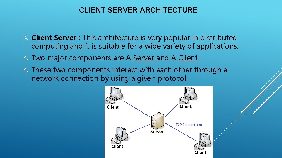 CLIENT SERVER ARCHITECTURE Client Server : This architecture is very popular in distributed computing