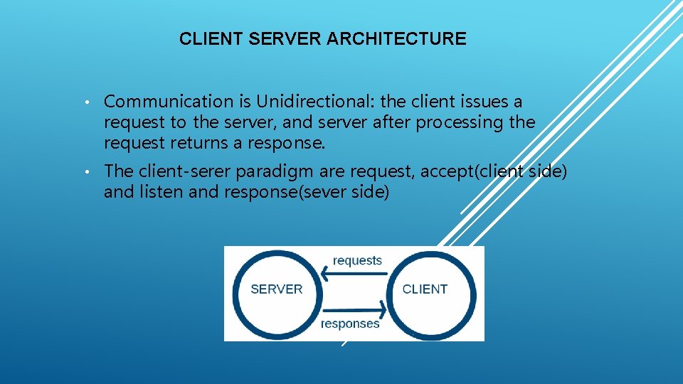 CLIENT SERVER ARCHITECTURE • Communication is Unidirectional: the client issues a request to the