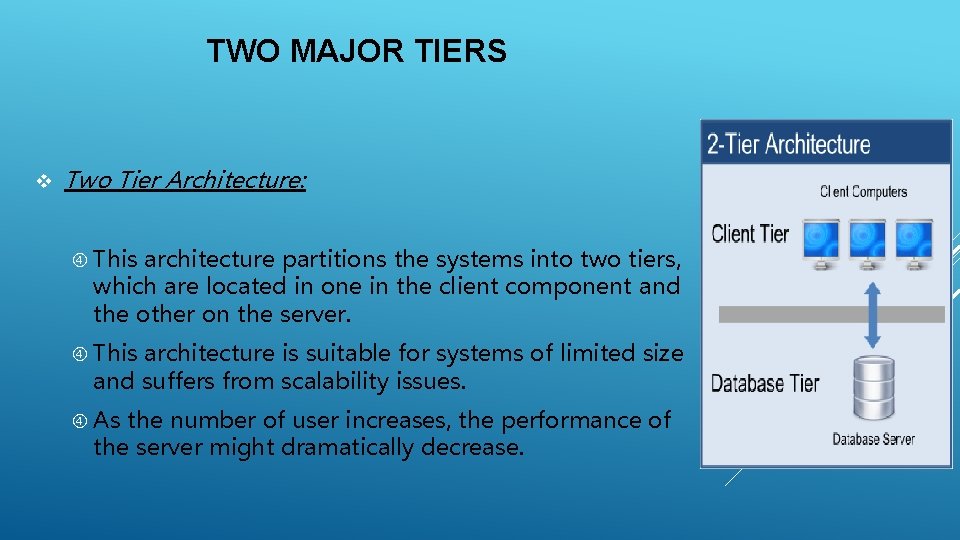 TWO MAJOR TIERS v Two Tier Architecture: This architecture partitions the systems into two