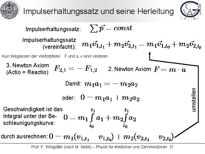 Impulserhaltungssatz und seine Herleitung Impulserhaltungssatz: Impulserhaltungssatz (vereinfacht): Nun Weglassen der Vektorpfeile! 0 F und