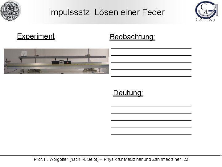 Impulssatz: Lösen einer Feder Experiment Beobachtung: Deutung: Prof. F. Wörgötter (nach M. Seibt) --