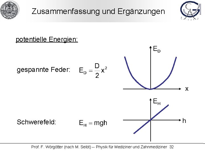 Zusammenfassung und Ergänzungen potentielle Energien: gespannte Feder: Schwerefeld: Prof. F. Wörgötter (nach M. Seibt)