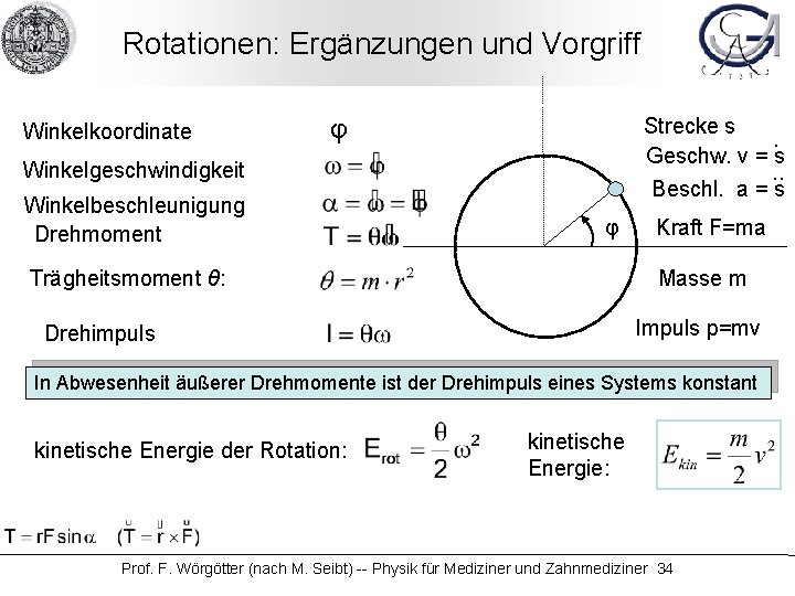 Rotationen: Ergänzungen und Vorgriff Winkelkoordinate Strecke s. Geschw. v = s. . Beschl. a