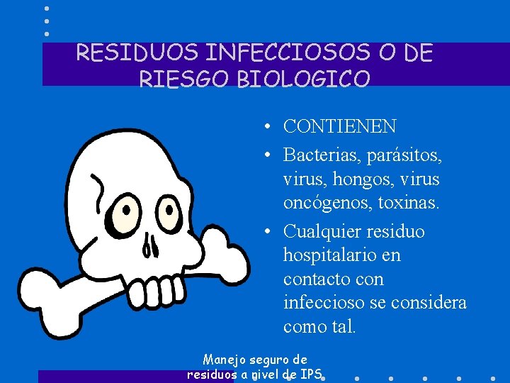 RESIDUOS INFECCIOSOS O DE RIESGO BIOLOGICO • CONTIENEN • Bacterias, parásitos, virus, hongos, virus