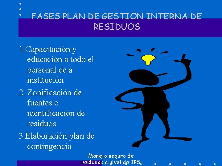 FASES PLAN DE GESTION INTERNA DE RESIDUOS 1. Capacitación y educación a todo el