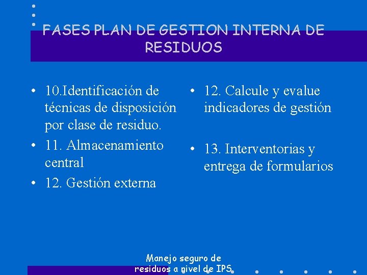 FASES PLAN DE GESTION INTERNA DE RESIDUOS • 10. Identificación de • 12. Calcule
