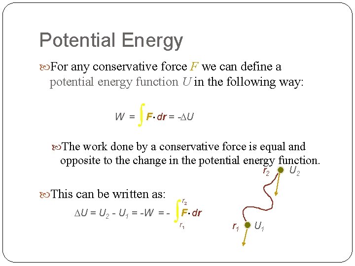 Potential Energy For any conservative force F we can define a potential energy function