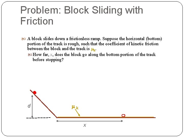 Problem: Block Sliding with Friction A block slides down a frictionless ramp. Suppose the