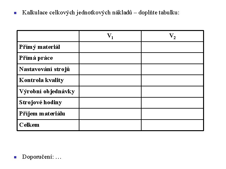 n Kalkulace celkových jednotkových nákladů – doplňte tabulku: V 1 Přímý materiál Přímá práce