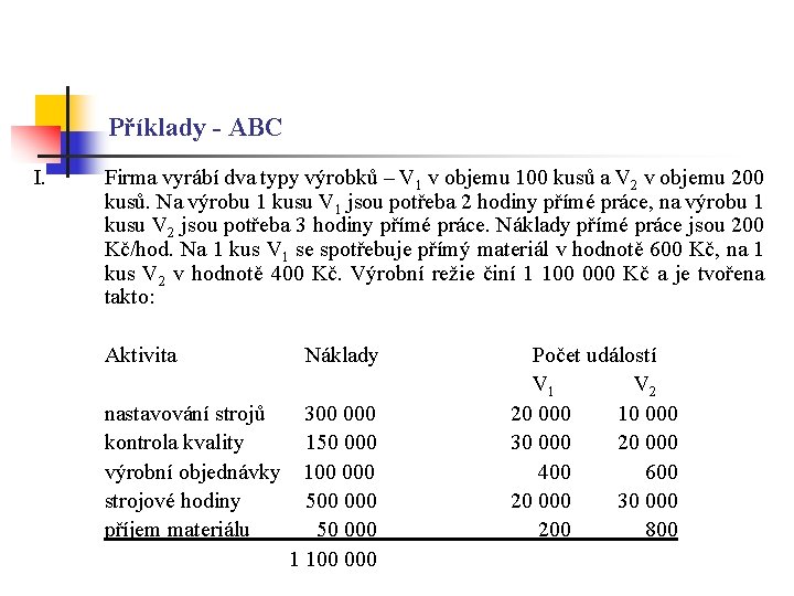 Příklady - ABC I. Firma vyrábí dva typy výrobků – V 1 v objemu