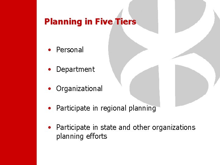 Planning in Five Tiers • Personal • Department • Organizational • Participate in regional