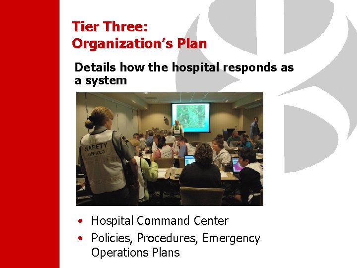 Tier Three: Organization’s Plan Details how the hospital responds as a system • Hospital