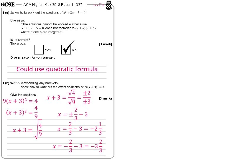 AQA Higher: May 2018 Paper 1, Q 27 1 (a) [1 mark] Yes No