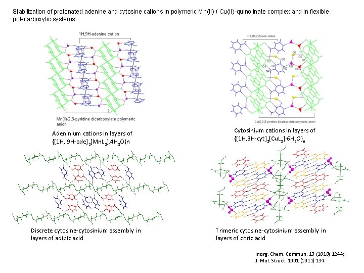 Stabilization of protonated adenine and cytosine cations in polymeric Mn(II) / Cu(II)-quinolinate complex and Stabilization of protonated adenine and cytosine cations in polymeric Mn(II) / Cu(II)-quinolinate complex and