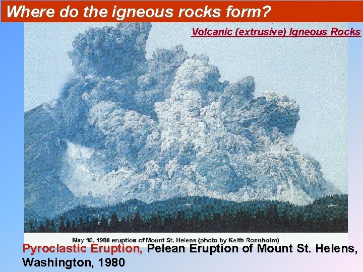 Where do the igneous rocks form? Volcanic (extrusive) Igneous Rocks Pyroclastic Eruption, Pelean Eruption