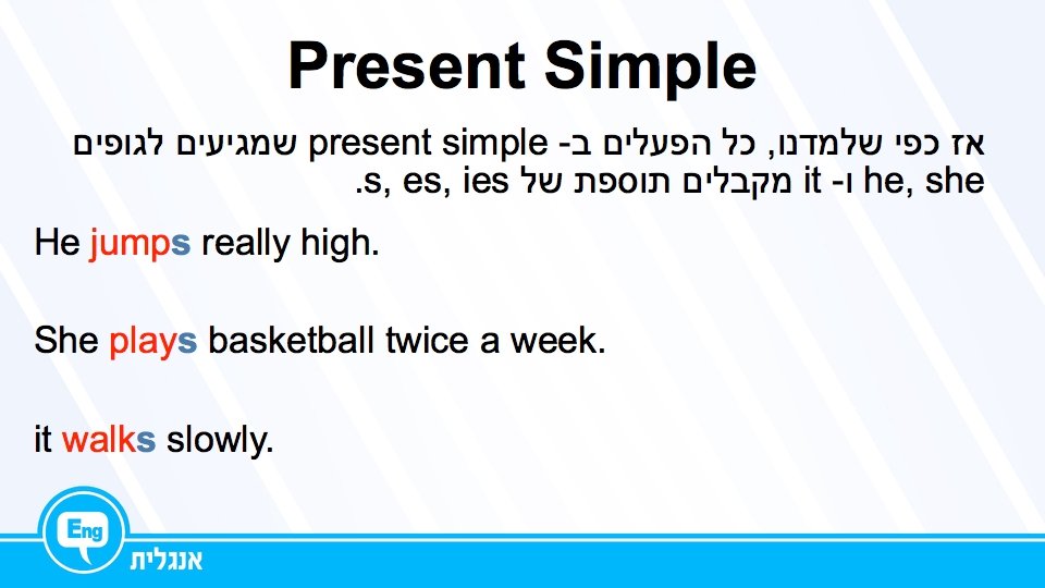 Present Simple אז כפי שלמדנו , כל הפעלים ב - present simple שמגיעים לגופים