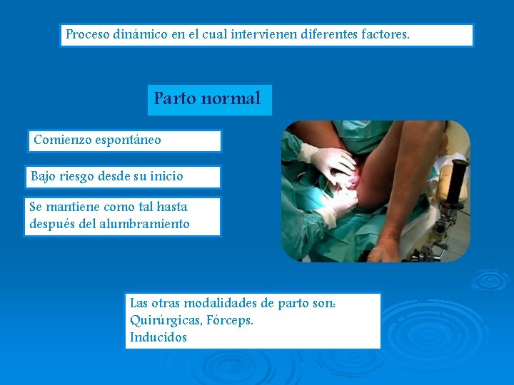 Proceso dinámico en el cual intervienen diferentes factores. Parto normal Comienzo espontáneo Bajo riesgo