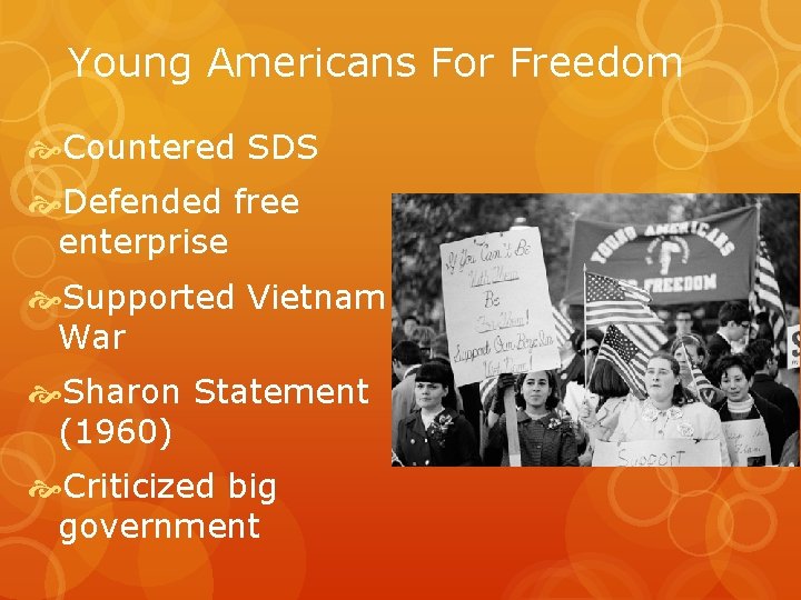 Young Americans For Freedom Countered SDS Defended free enterprise Supported Vietnam War Sharon Statement