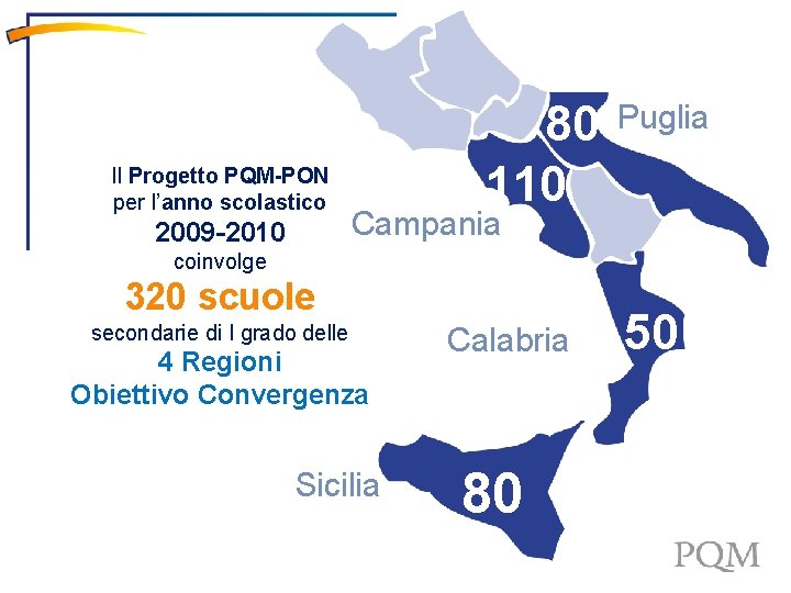 Il Progetto PQM-PON per l’anno scolastico 2009 -2010 80 110 Puglia Campania coinvolge 320