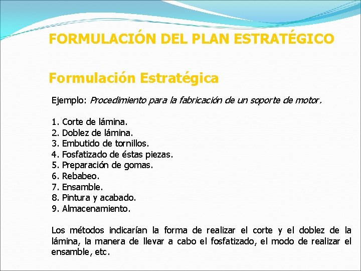 FORMULACIÓN DEL PLAN ESTRATÉGICO Formulación Estratégica Ejemplo: Procedimiento para la fabricación de un soporte