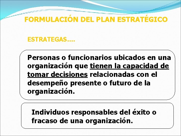 FORMULACIÓN DEL PLAN ESTRATÉGICO ESTRATEGAS…. Personas o funcionarios ubicados en una organización que tienen