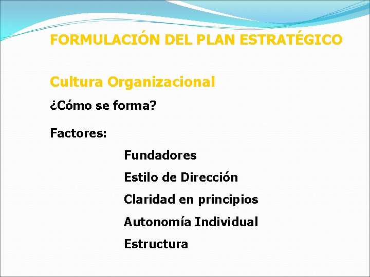 FORMULACIÓN DEL PLAN ESTRATÉGICO Cultura Organizacional ¿Cómo se forma? Factores: Fundadores Estilo de Dirección