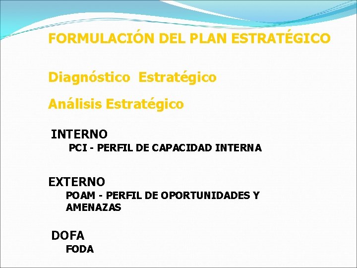 FORMULACIÓN DEL PLAN ESTRATÉGICO Diagnóstico Estratégico Análisis Estratégico INTERNO PCI - PERFIL DE CAPACIDAD