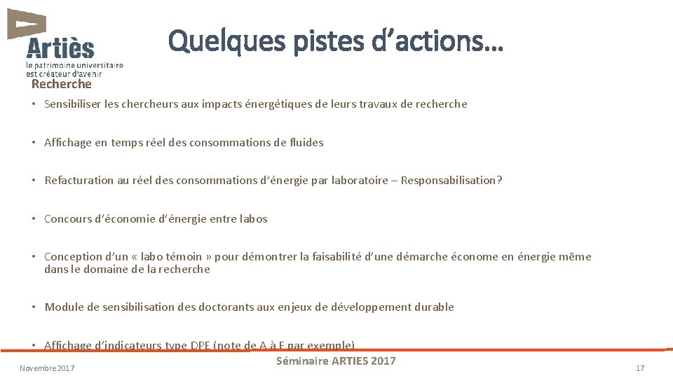 Quelques pistes d’actions… Recherche • Sensibiliser les chercheurs aux impacts énergétiques de leurs travaux