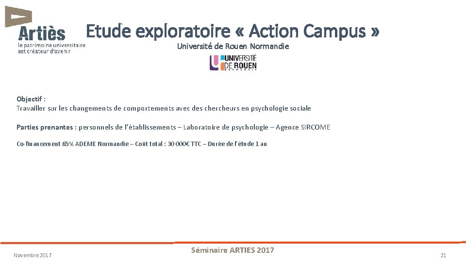 Etude exploratoire « Action Campus » Université de Rouen Normandie Objectif : Travailler sur
