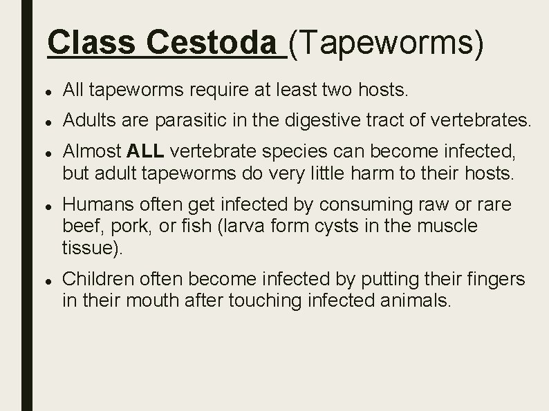Class Cestoda (Tapeworms) All tapeworms require at least two hosts. Adults are parasitic in Class Cestoda (Tapeworms) All tapeworms require at least two hosts. Adults are parasitic in