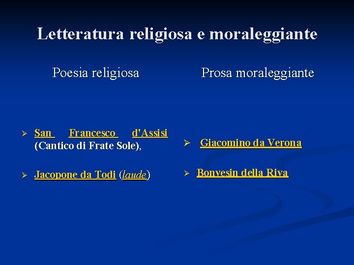 Letteratura religiosa e moraleggiante Poesia religiosa Prosa moraleggiante Ø San Francesco d'Assisi (Cantico di