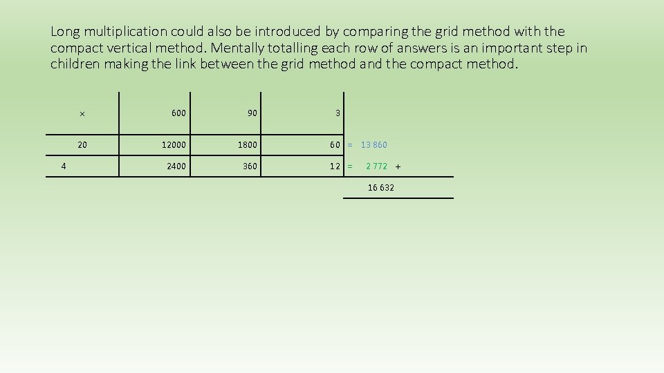 Long multiplication could also be introduced by comparing the grid method with the compact