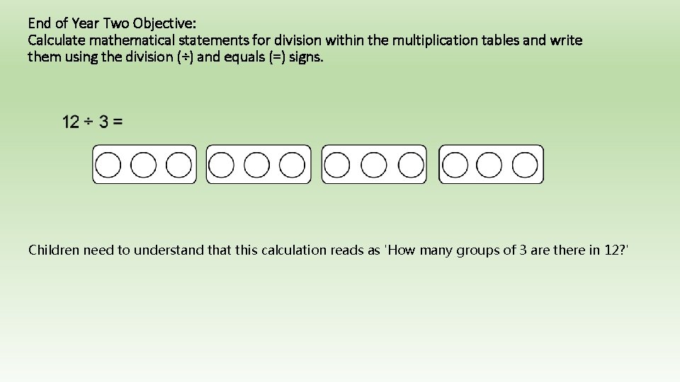 End of Year Two Objective: Calculate mathematical statements for division within the multiplication tables