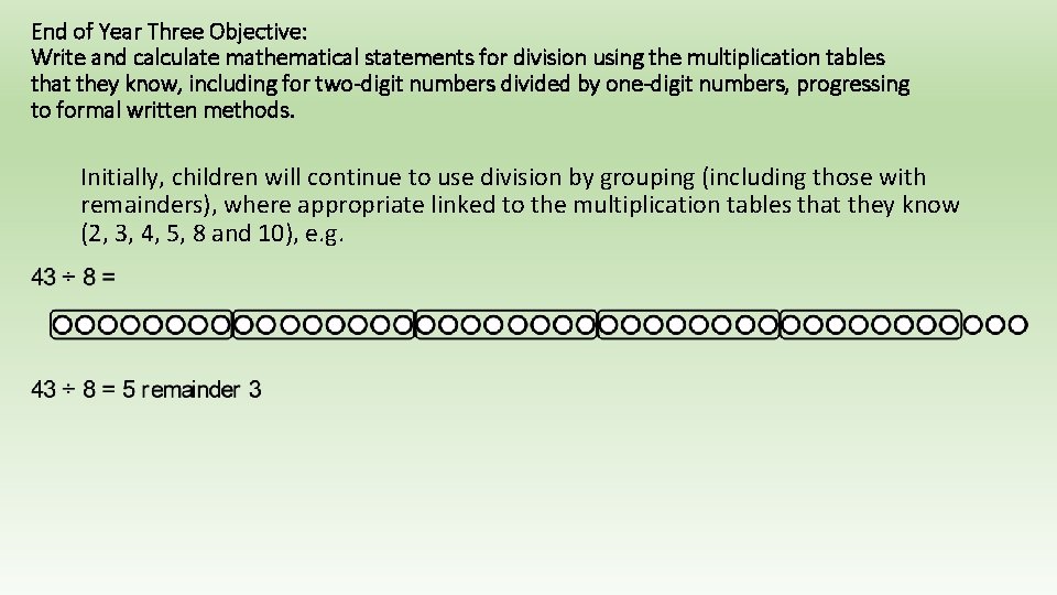 End of Year Three Objective: Write and calculate mathematical statements for division using the