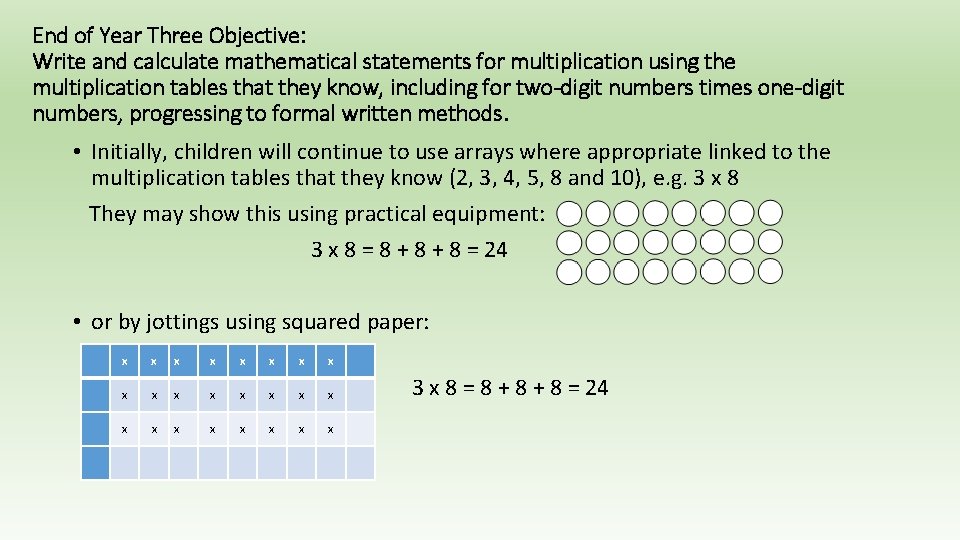 End of Year Three Objective: Write and calculate mathematical statements for multiplication using the