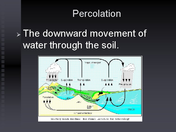 Percolation Ø The downward movement of water through the soil. 