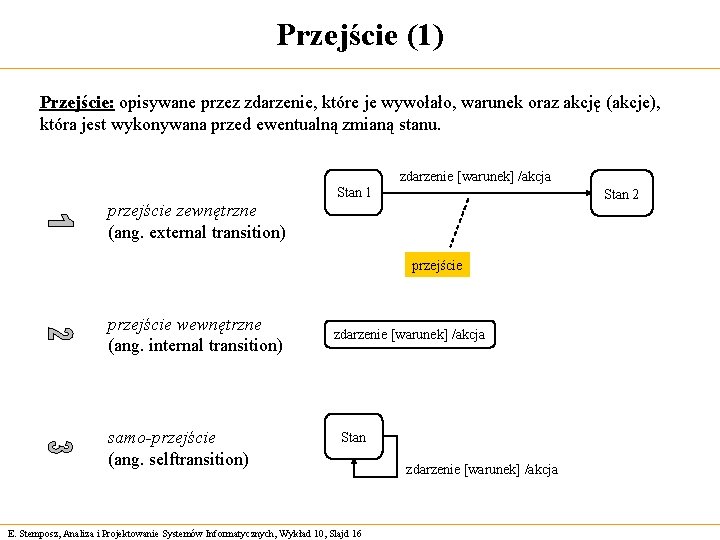 Przejście (1) Przejście: opisywane przez zdarzenie, które je wywołało, warunek oraz akcję (akcje), która